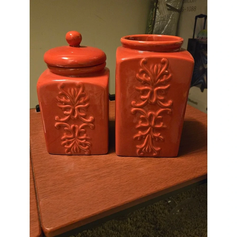 Burnt Orange Ceramic Canister Set‎ Embossed Scroll Square Kitchen Storage 2pc